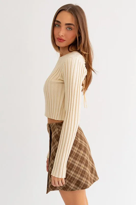Andi Long Sleeve Open Back Shirring Sweater Top Cream