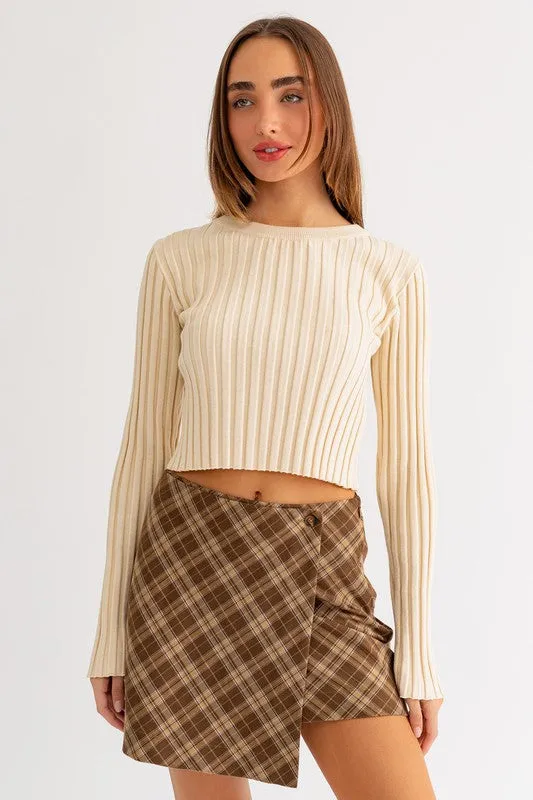 Andi Long Sleeve Open Back Shirring Sweater Top Cream