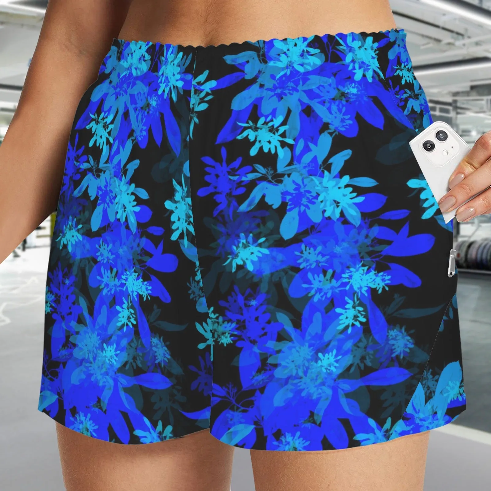 Black & Blue Leaves Art Zip Pocket Shorts up to 5 XL (FWS)