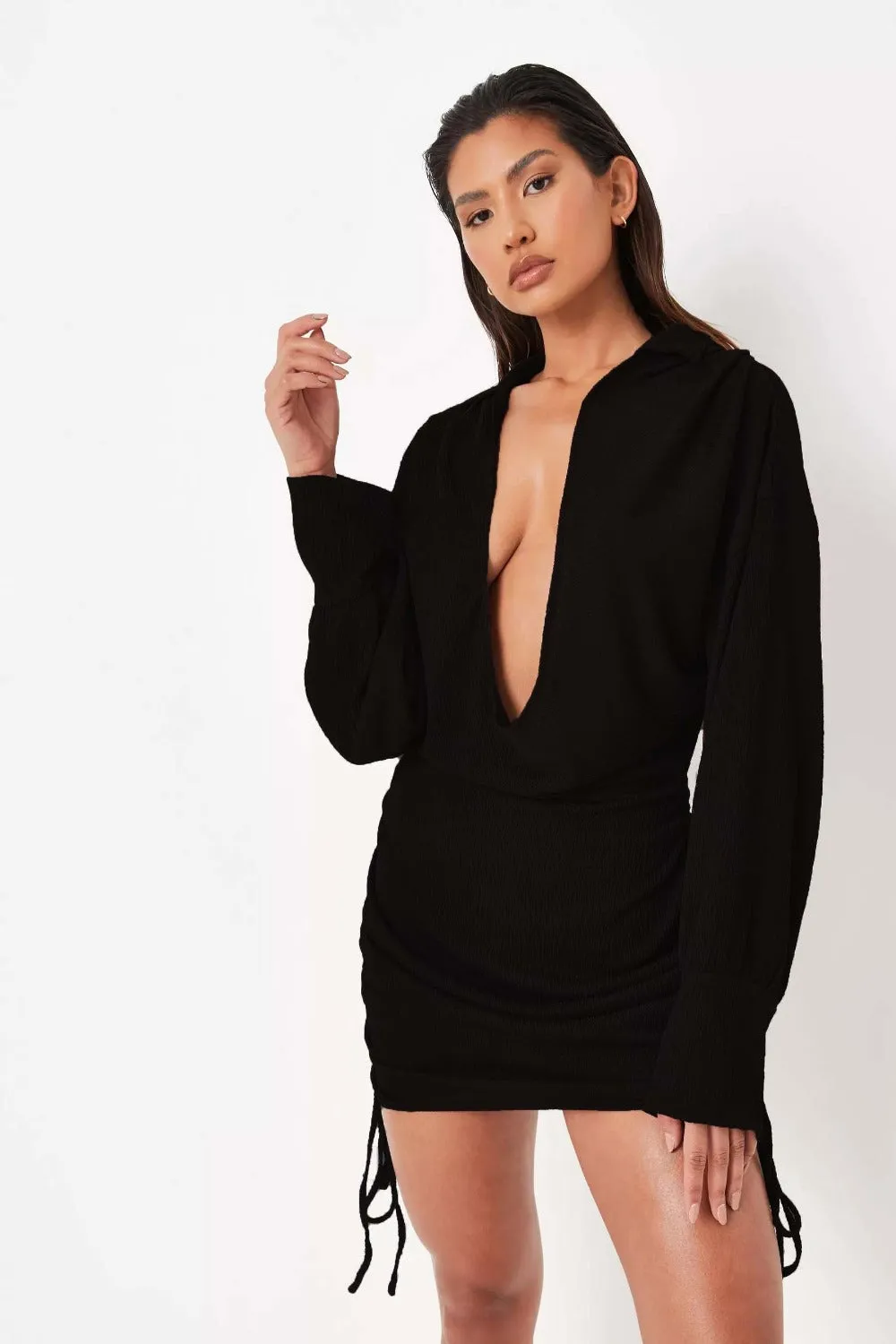 Black Deep Neck Drape Front Mini Dress