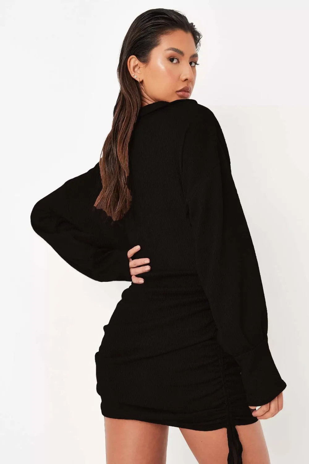 Black Deep Neck Drape Front Mini Dress