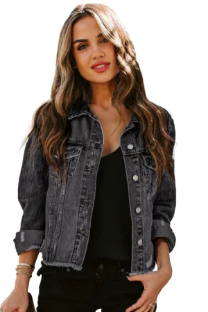 Black Lapel Distressed Raw Hem Buttons Denim Jacket