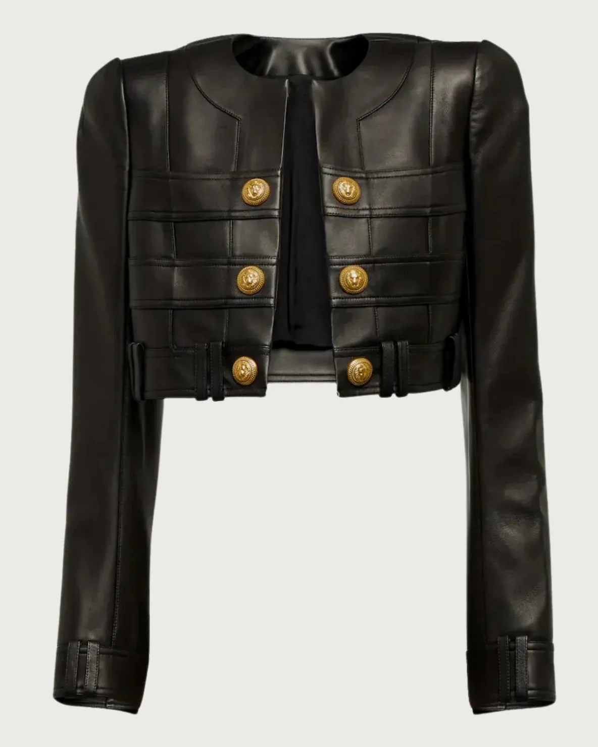 Black Leather Cropped Gold Button Jacket