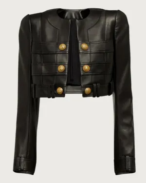 Black Leather Cropped Gold Button Jacket