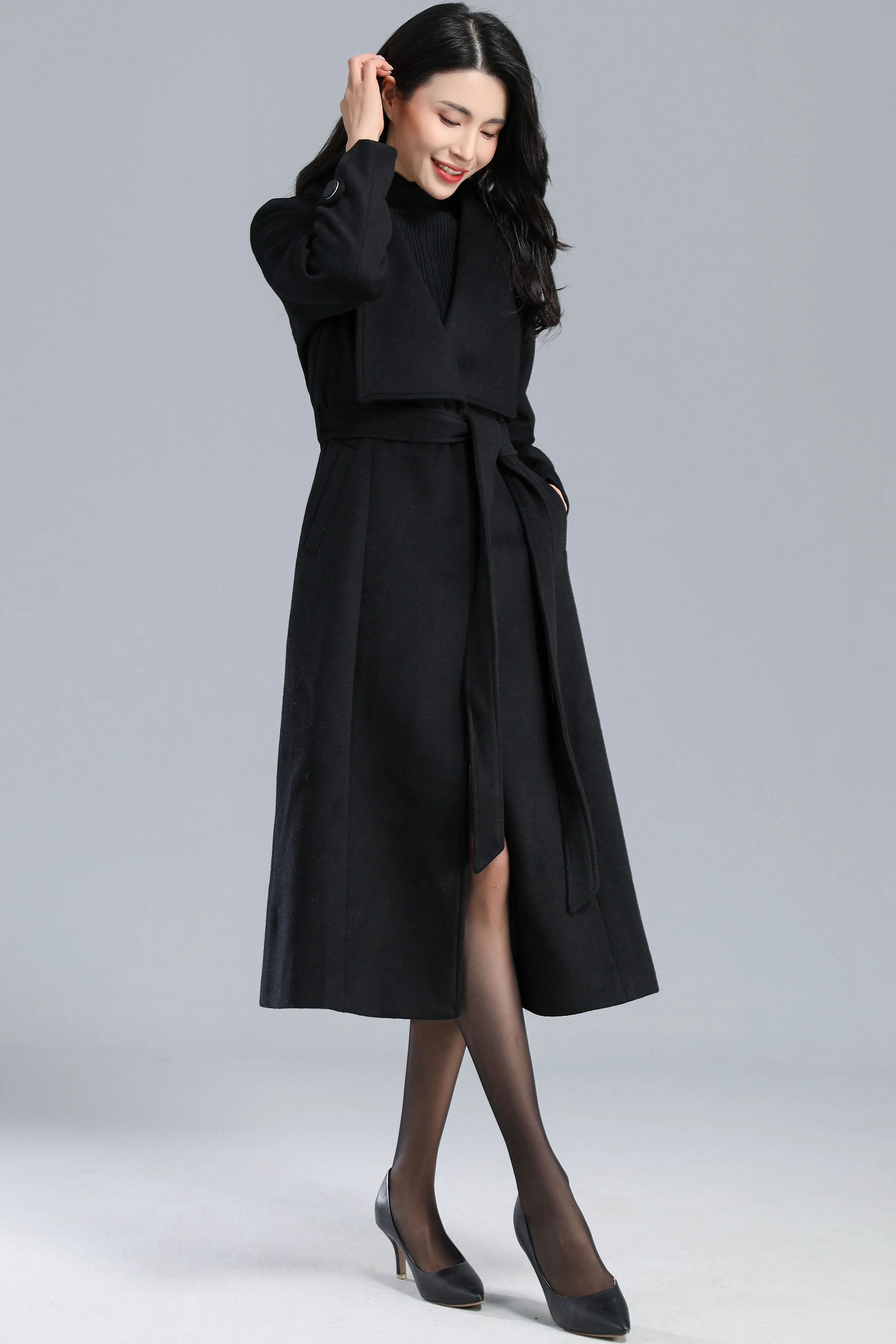 Black Long Wool Wrap Coat Women C2464