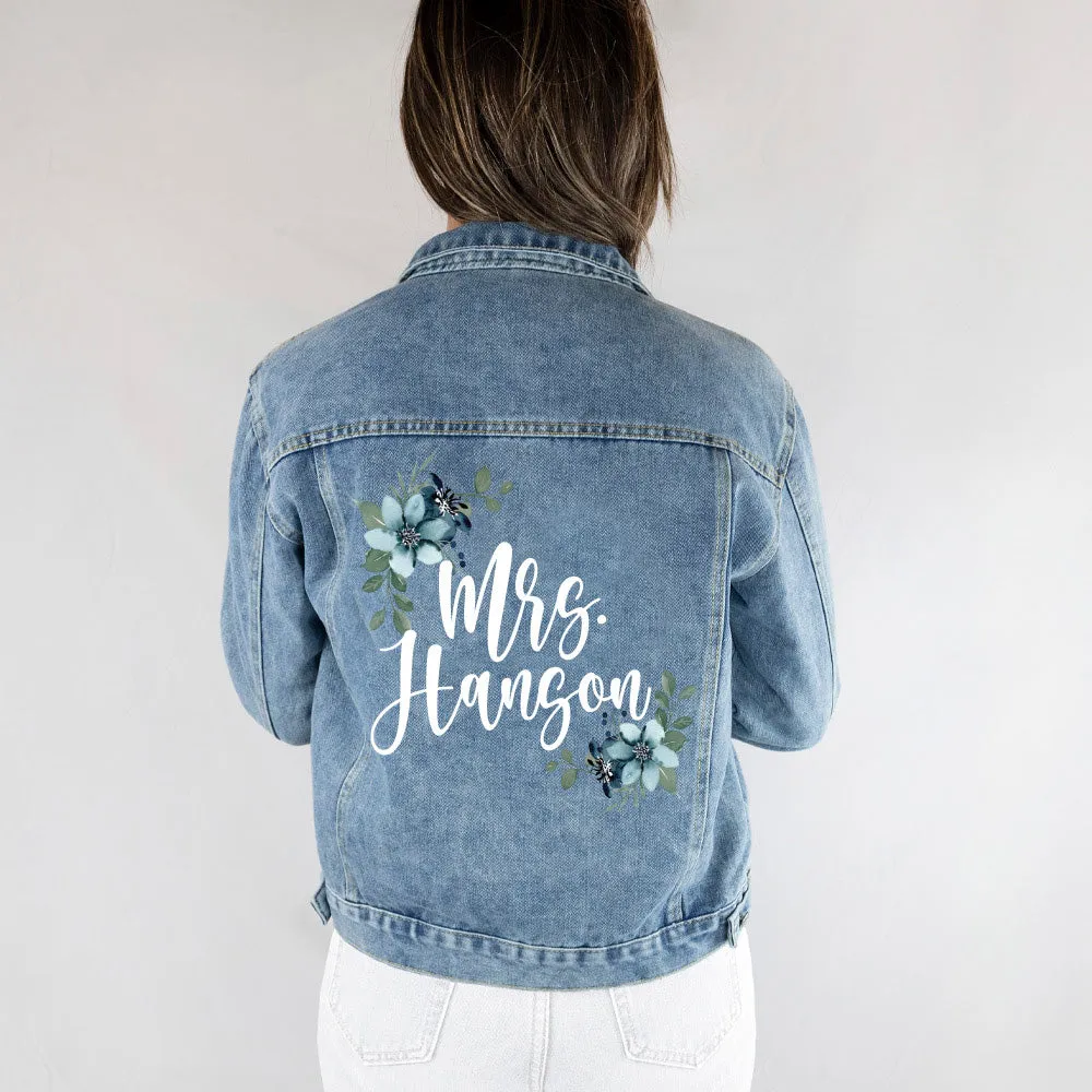 (Blue Denim) Personalized Floral Bridal Denim Jacket