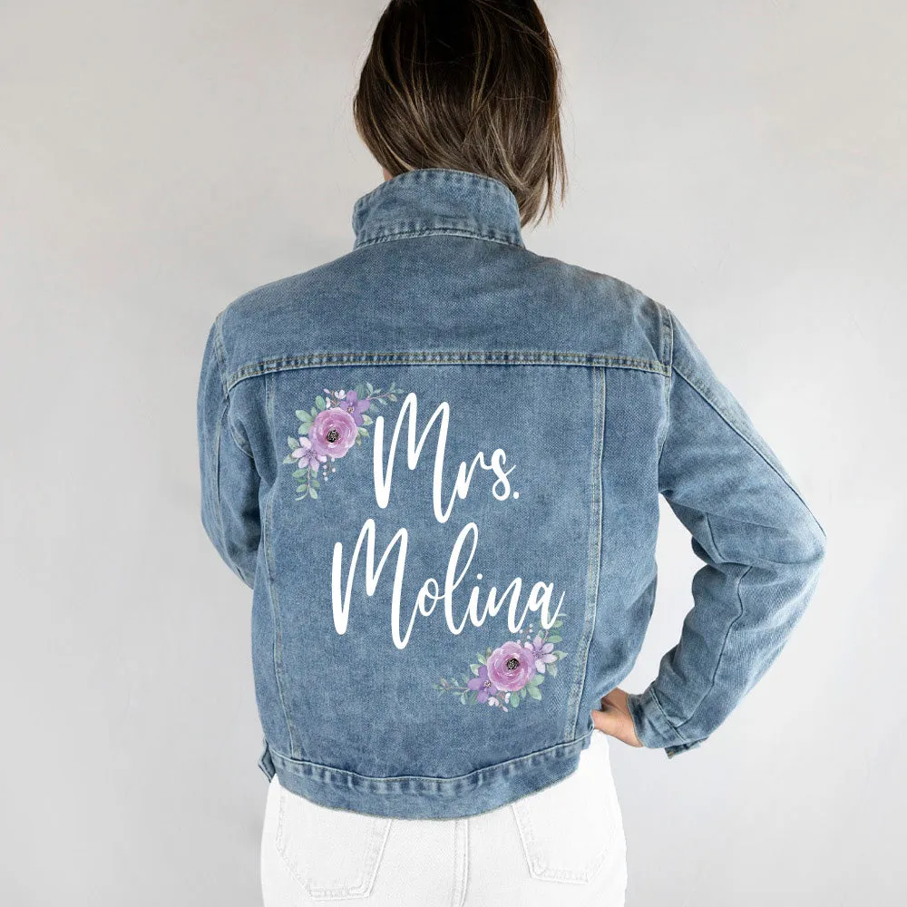 (Blue Denim) Personalized Floral Bridal Denim Jacket