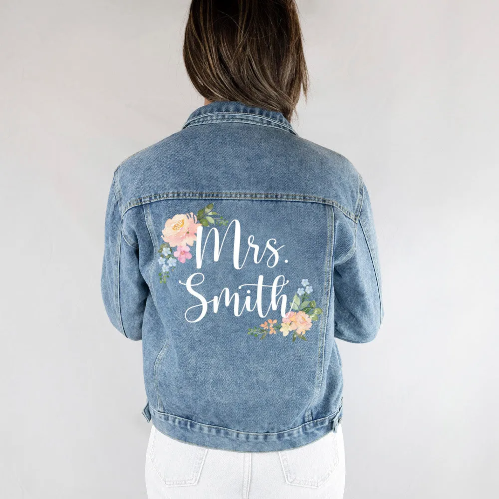 (Blue Denim) Personalized Floral Bridal Denim Jacket