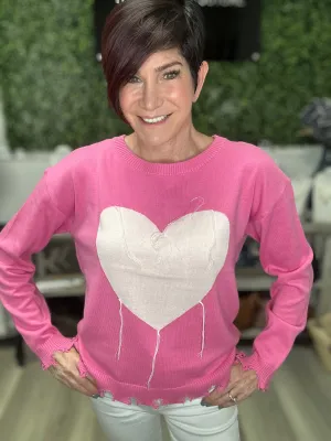 Boat Neck Distressed Heart Sweater