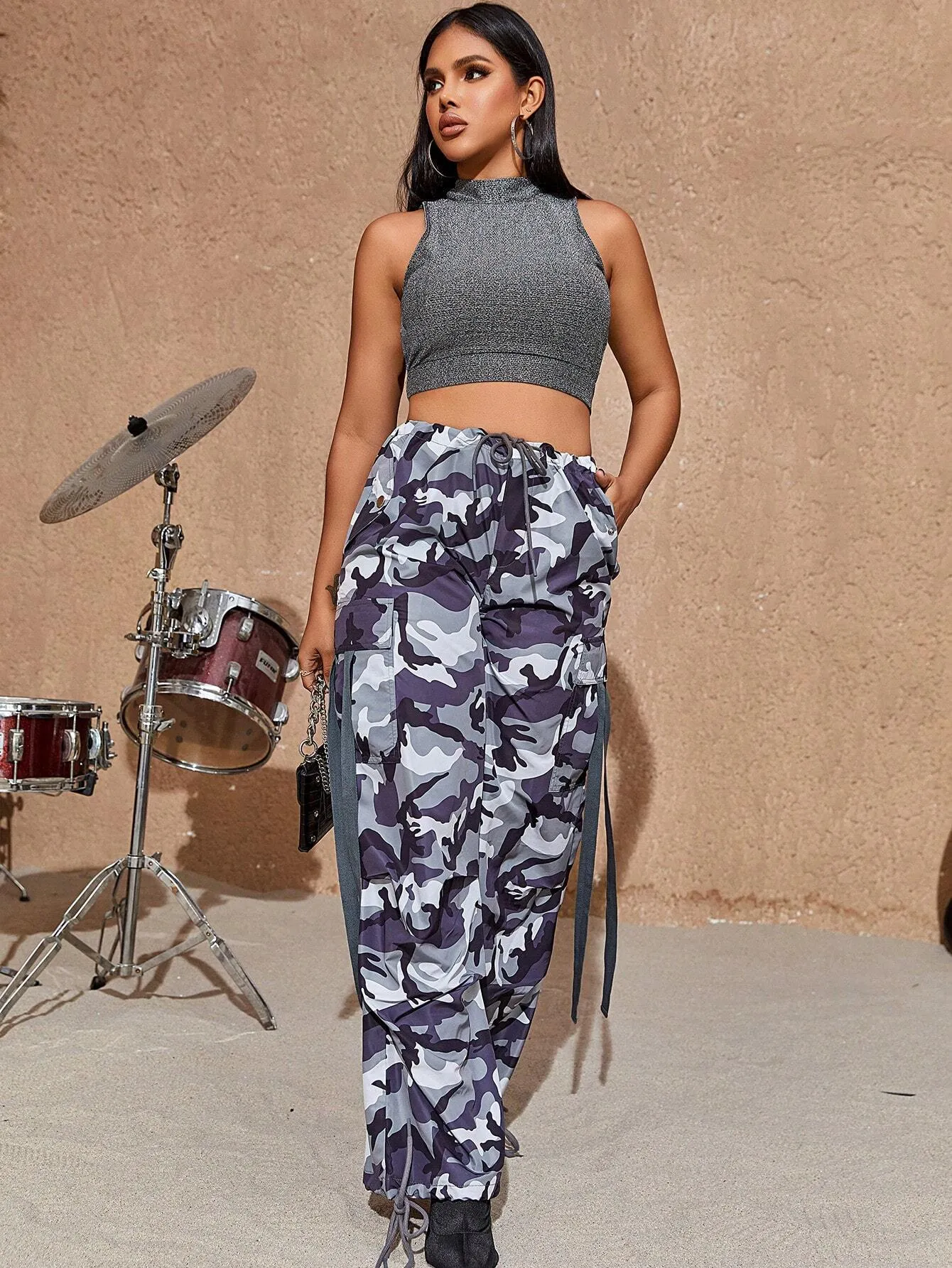 Camo Print Parachute Cargo Pants