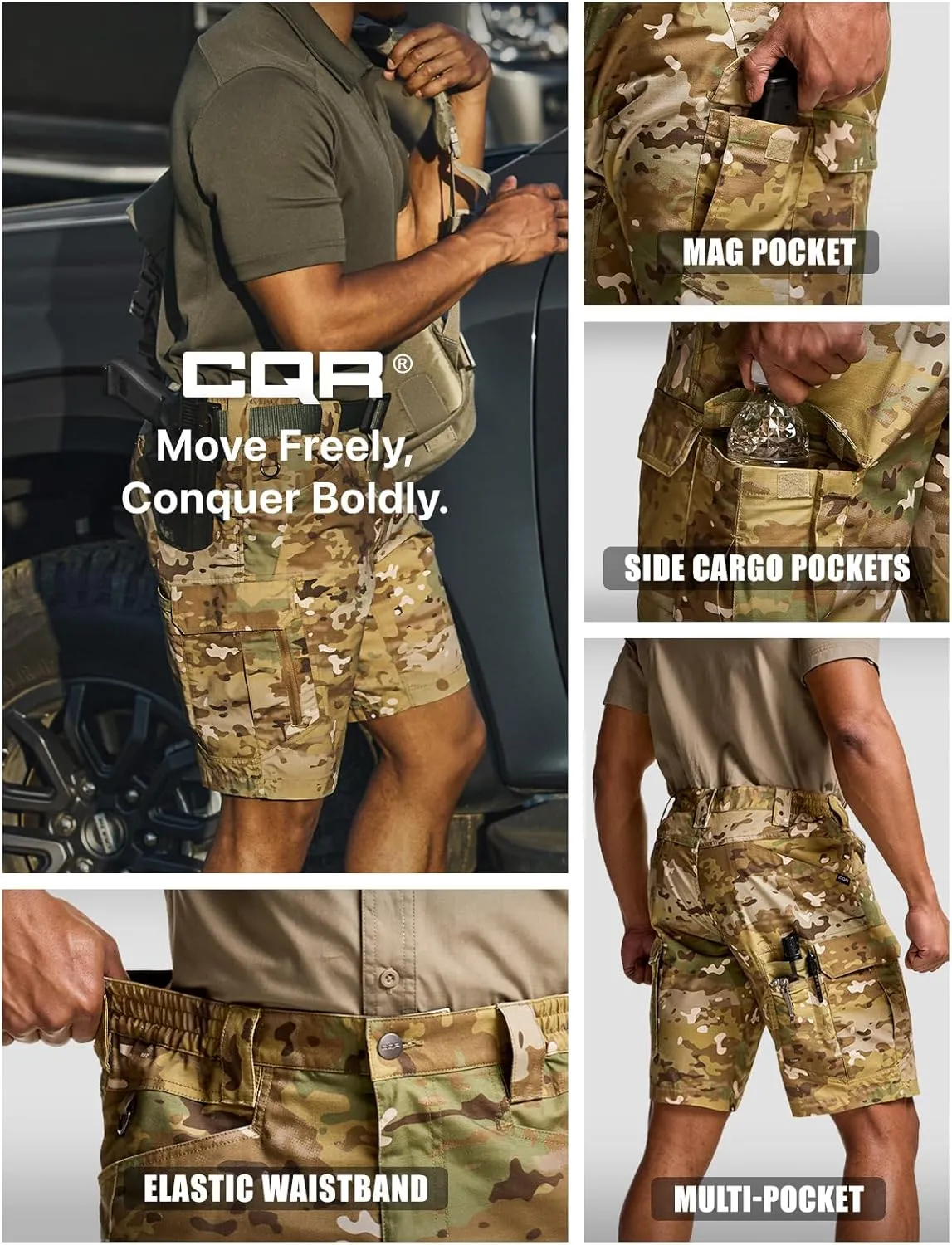 CQR Men's Flex Casual Cargo Shorts, Lightweight Water Resistant Golf Shorts, Stretch Tactical Work Shorts with Multi-Pocket
