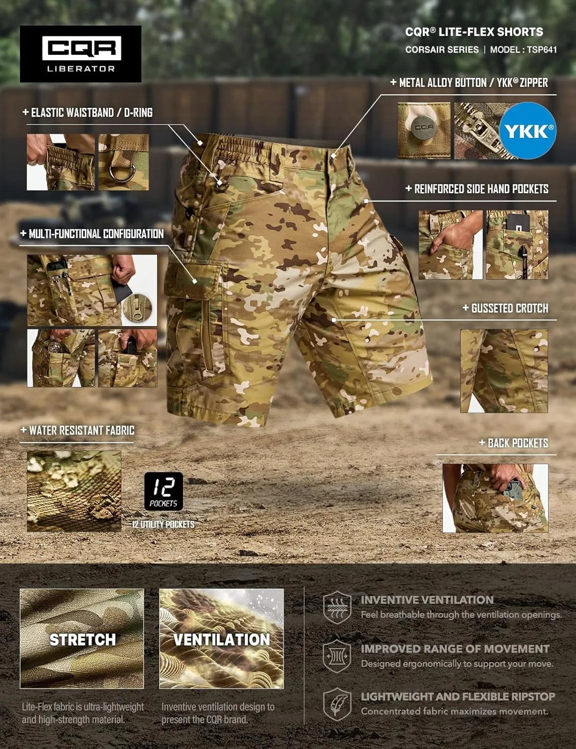 CQR Men's Flex Casual Cargo Shorts, Lightweight Water Resistant Golf Shorts, Stretch Tactical Work Shorts with Multi-Pocket