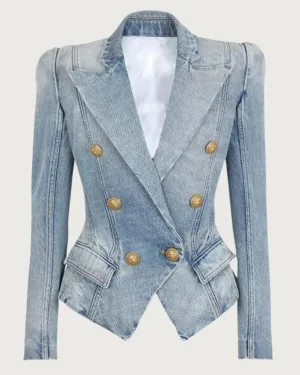 Denim Peak Lapel Double Breasted Gold Button Blazer