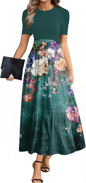 Dresses for Women 2025 Short Sleeve Round Neck Knee Length Dress A Line Long Flowy Beach Dress