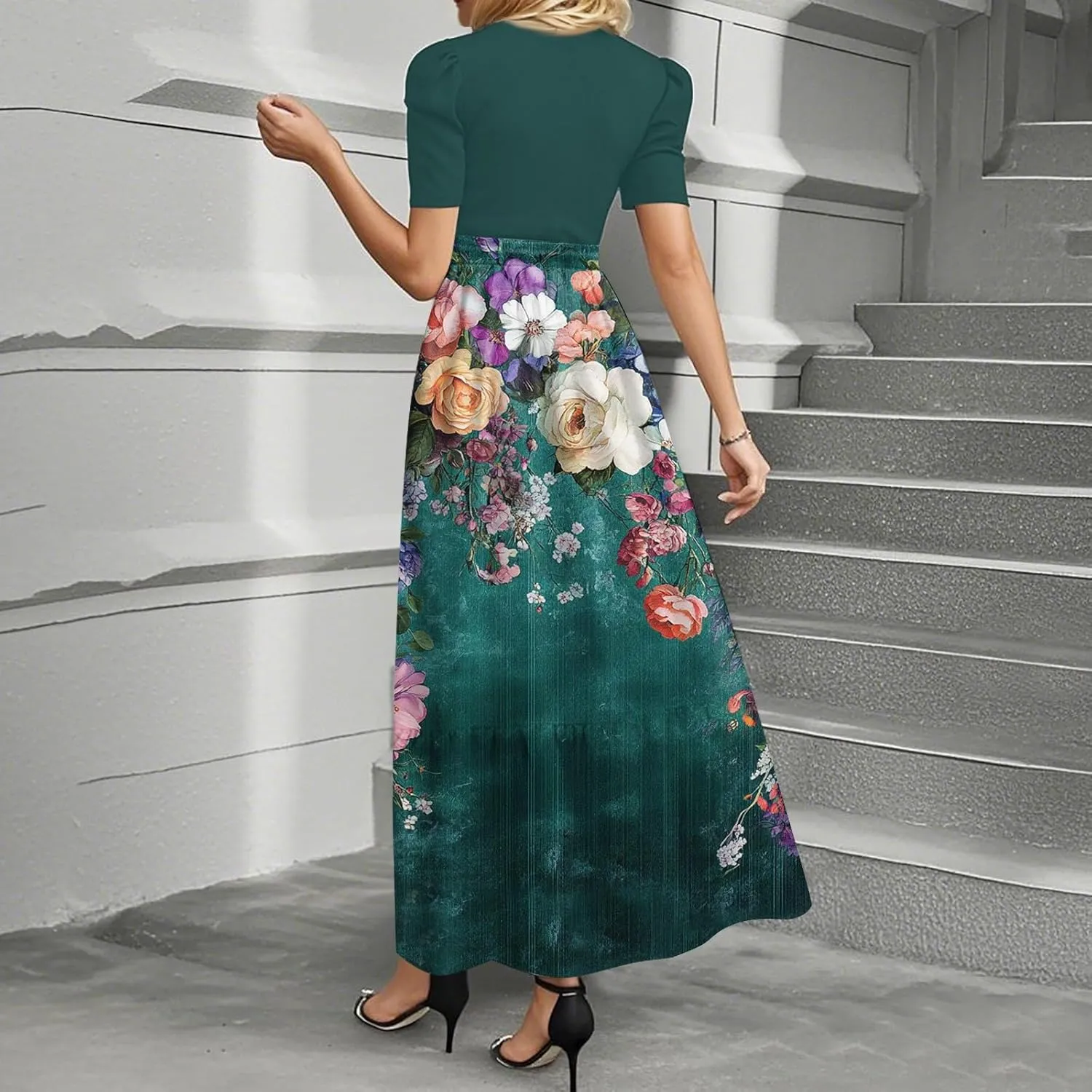 Dresses for Women 2025 Short Sleeve Round Neck Knee Length Dress A Line Long Flowy Beach Dress