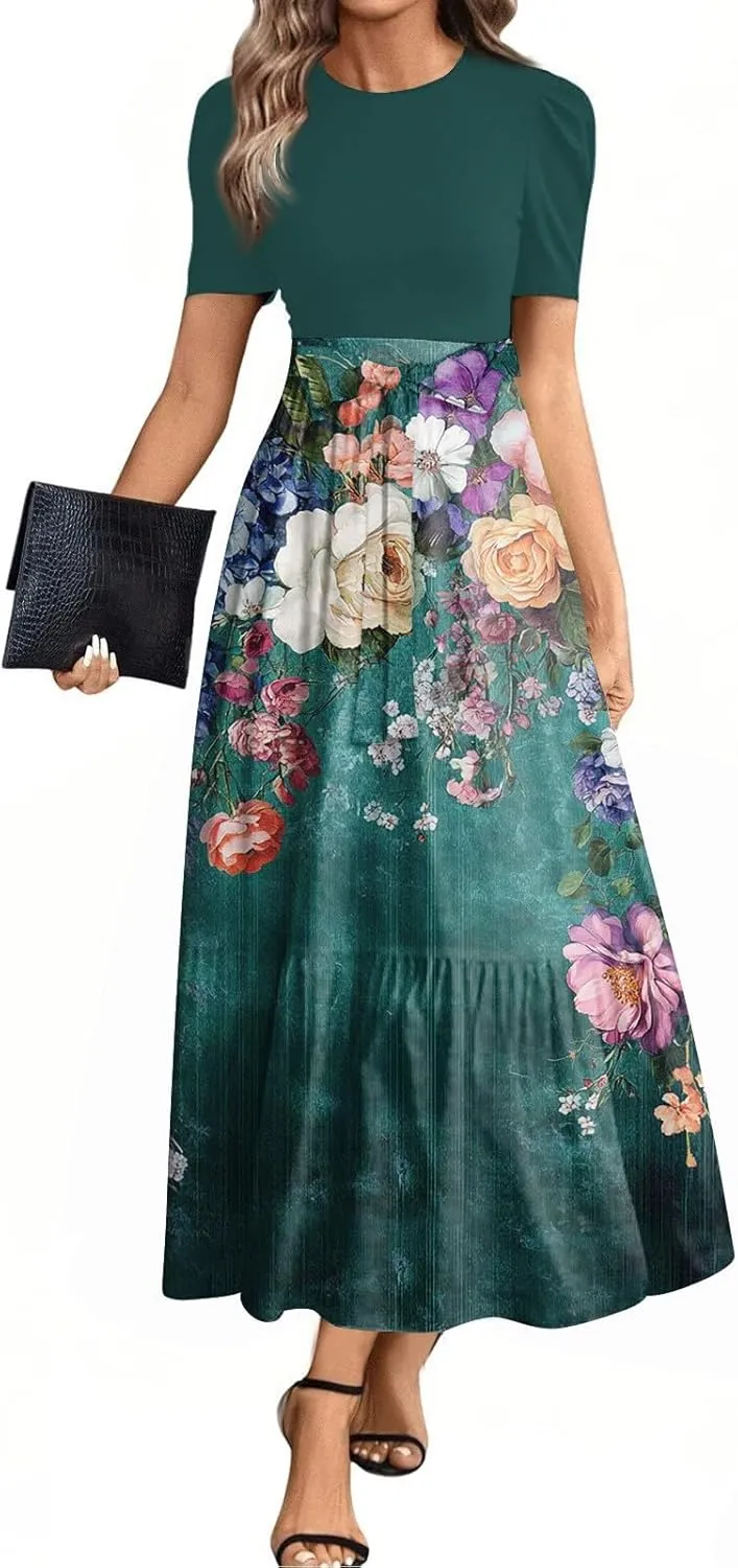 Dresses for Women 2025 Short Sleeve Round Neck Knee Length Dress A Line Long Flowy Beach Dress