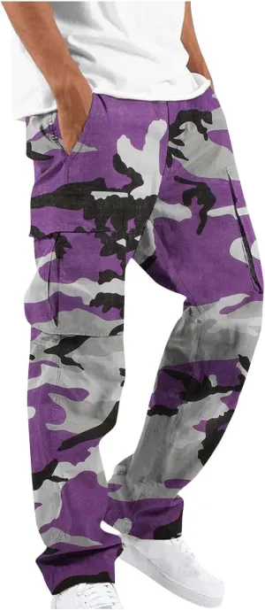 Finelylove Cargo Pants for Men Relaxed Fit Casual Camo Pants Lightweight Straight Cargo Sweatpants Outdoor Hiking Jogger