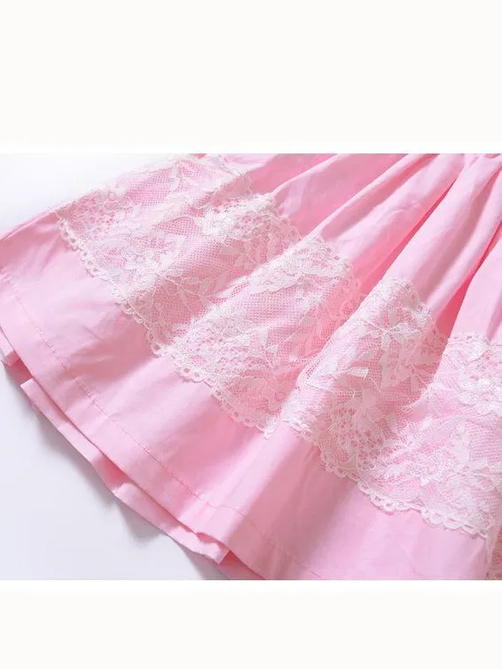 Flower Lace Trimmed Backless Pink Princess Dress