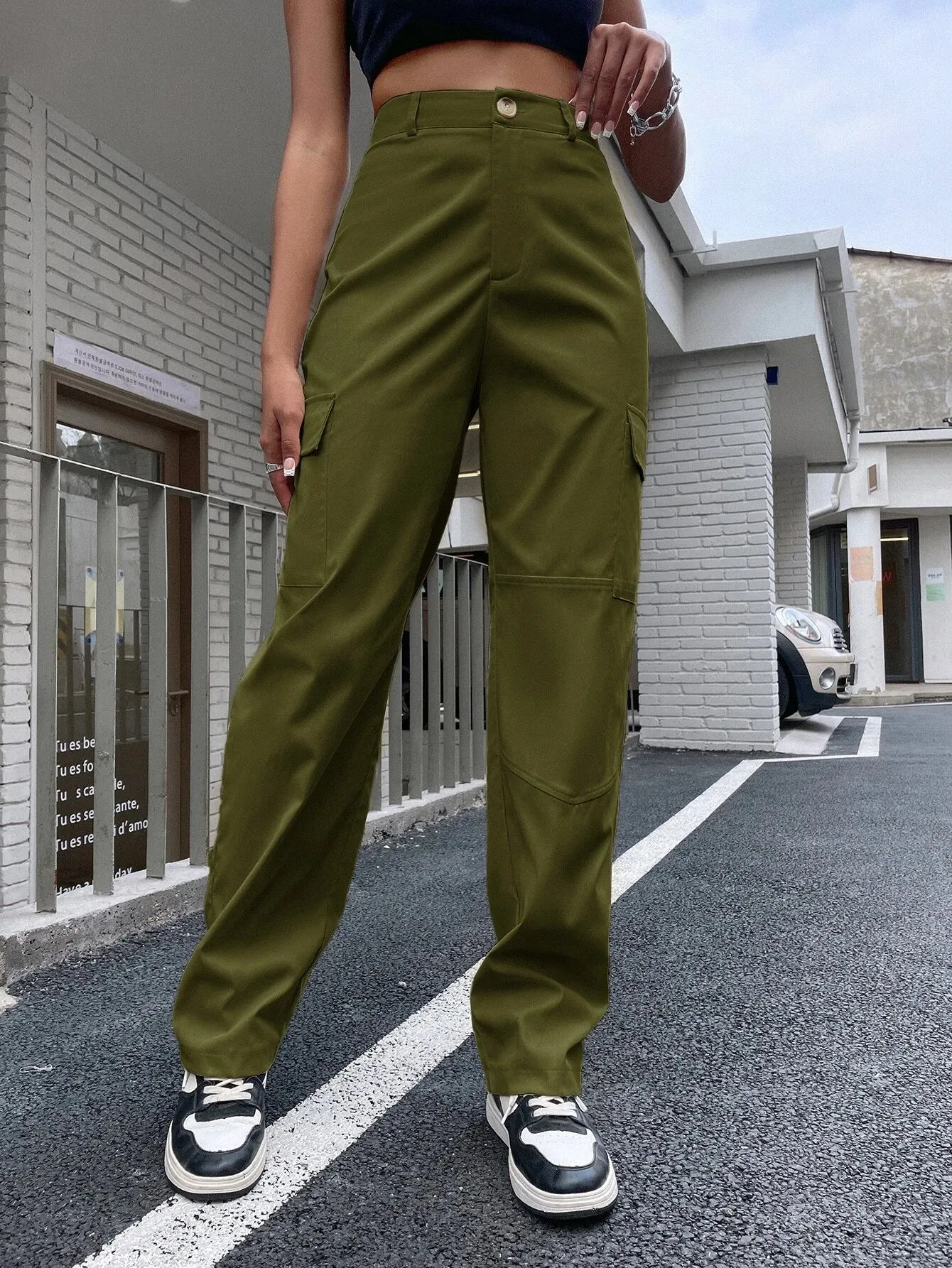 High Waist Zipper Flap Pocket Cargo Pant