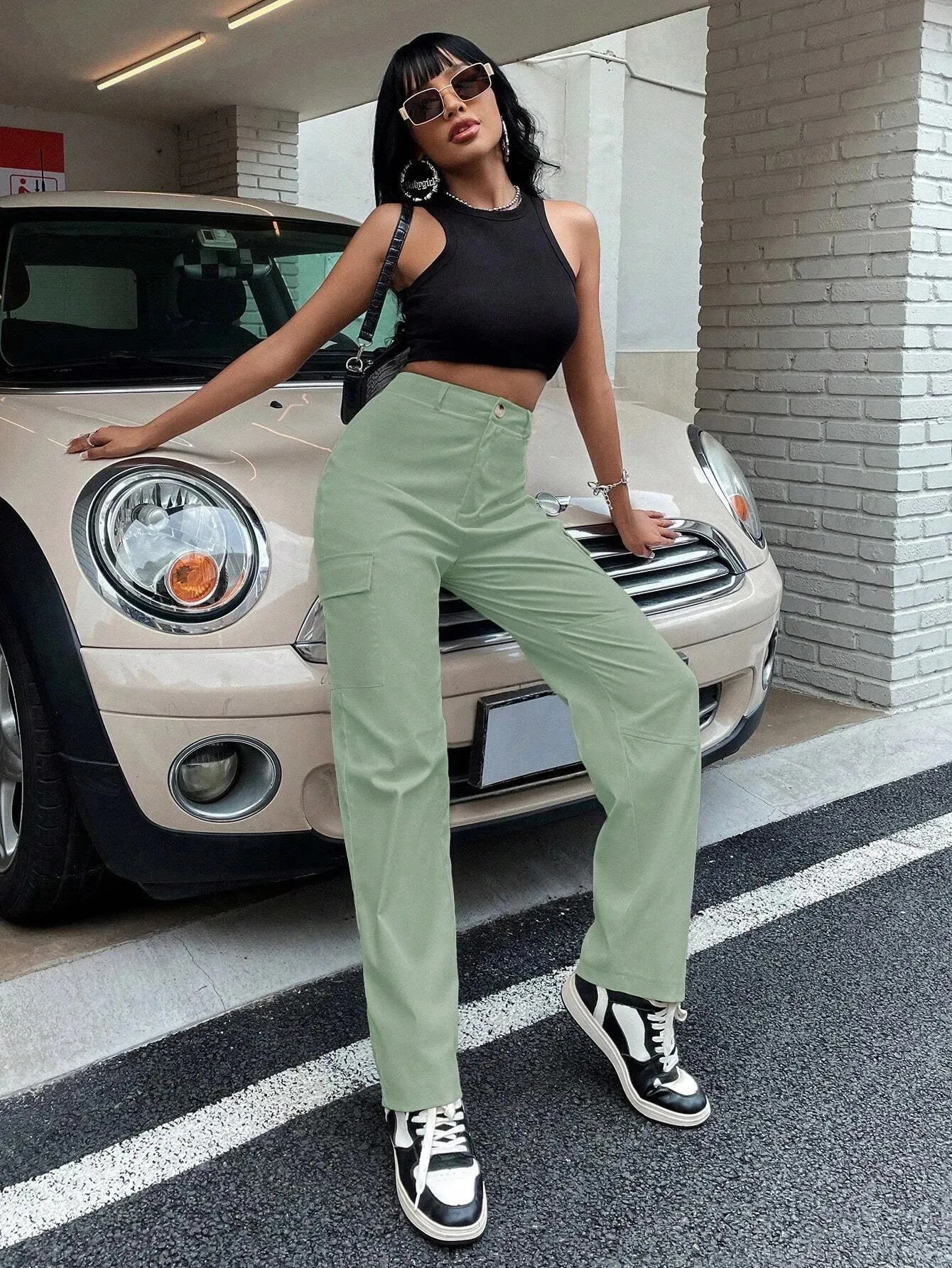 High Waist Zipper Flap Pocket Cargo Pant