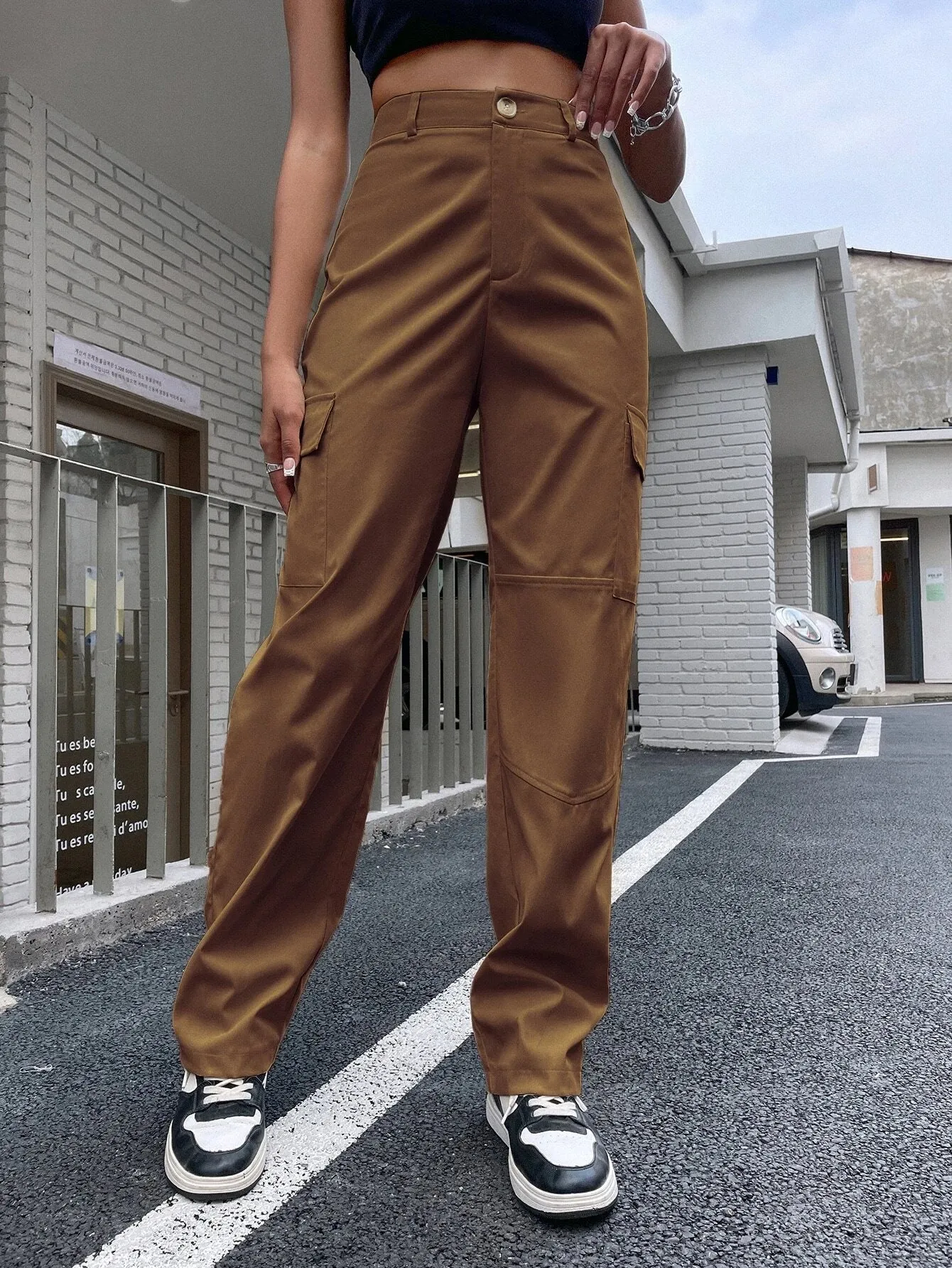 High Waist Zipper Flap Pocket Cargo Pant