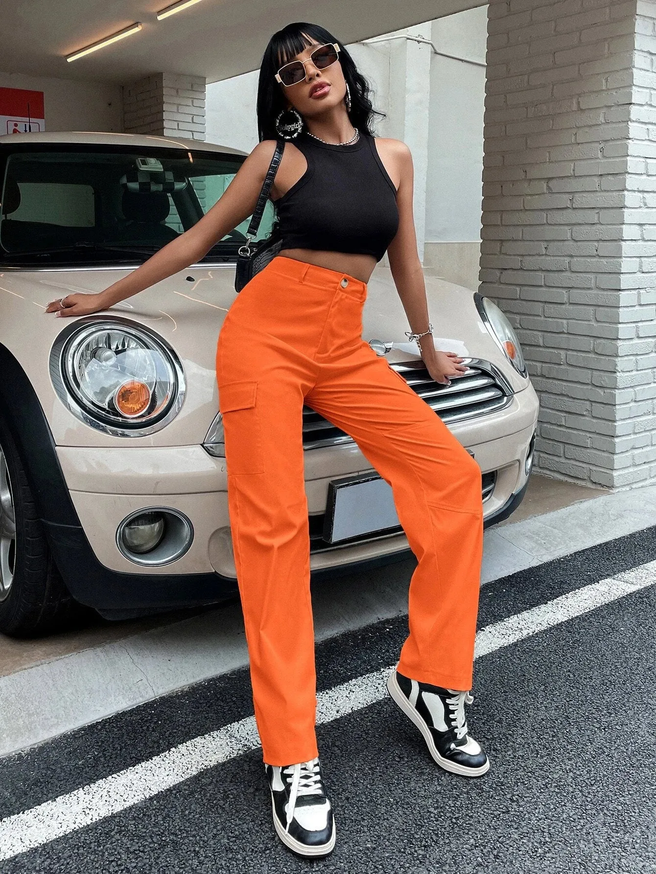 High Waist Zipper Flap Pocket Cargo Pant