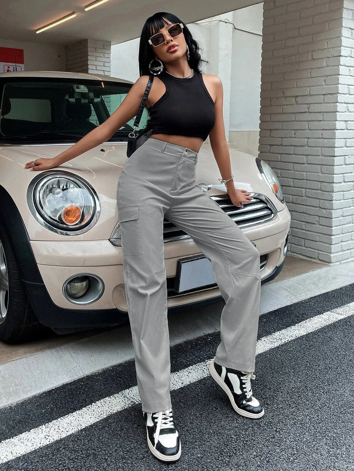 High Waist Zipper Flap Pocket Cargo Pant