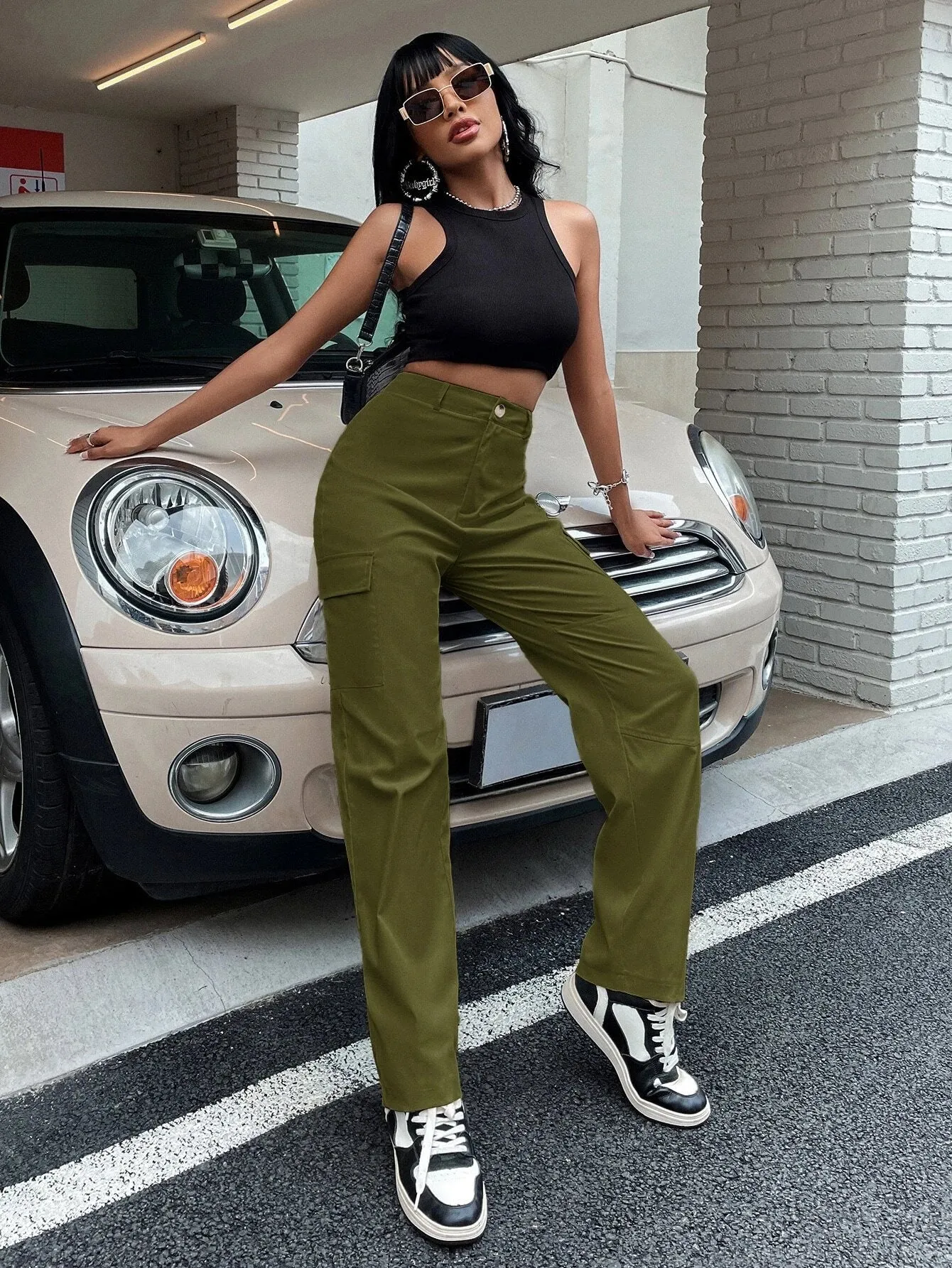 High Waist Zipper Flap Pocket Cargo Pant