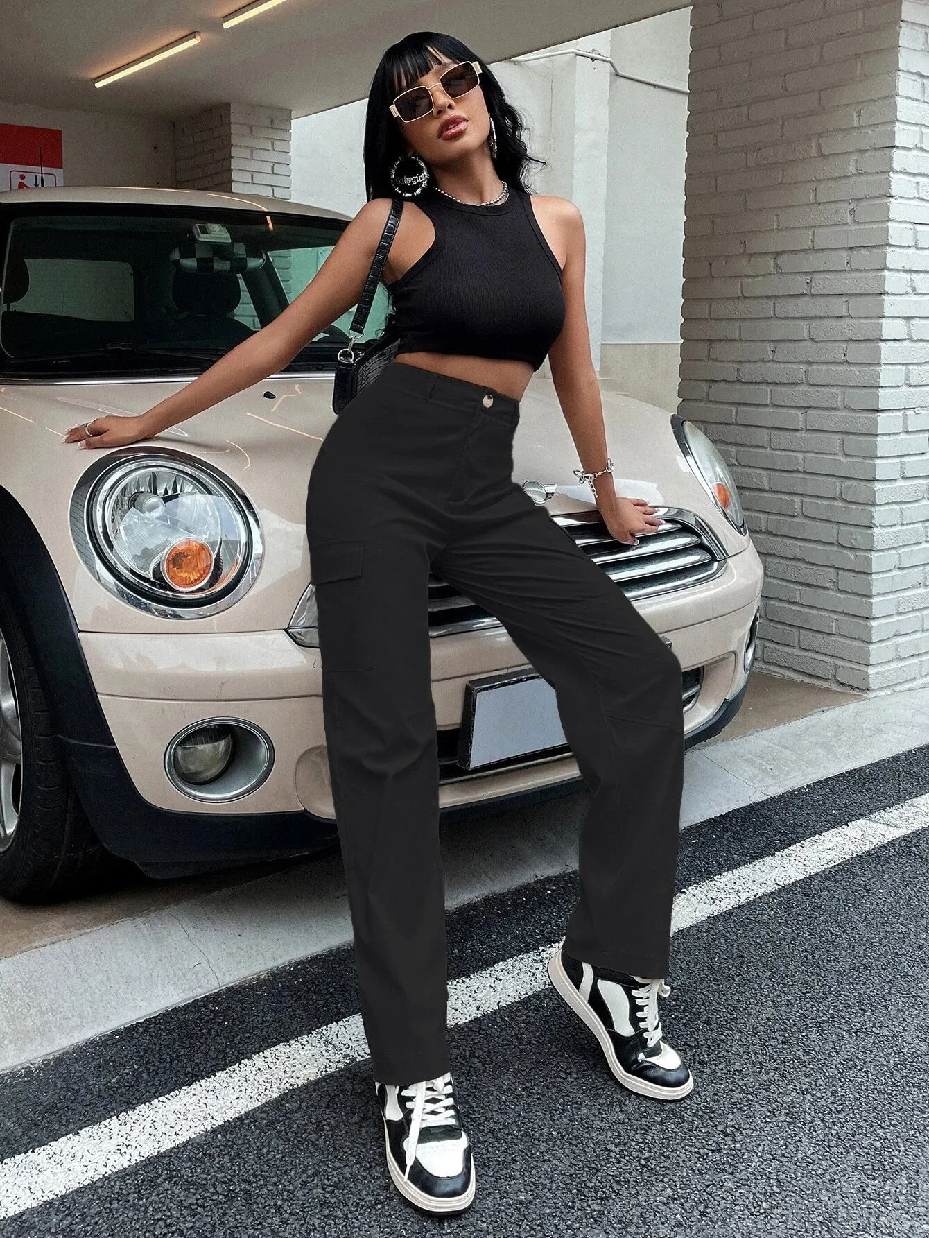 High Waist Zipper Flap Pocket Cargo Pant