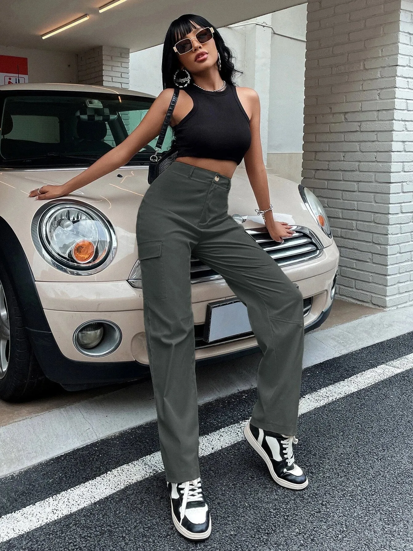 High Waist Zipper Flap Pocket Cargo Pant