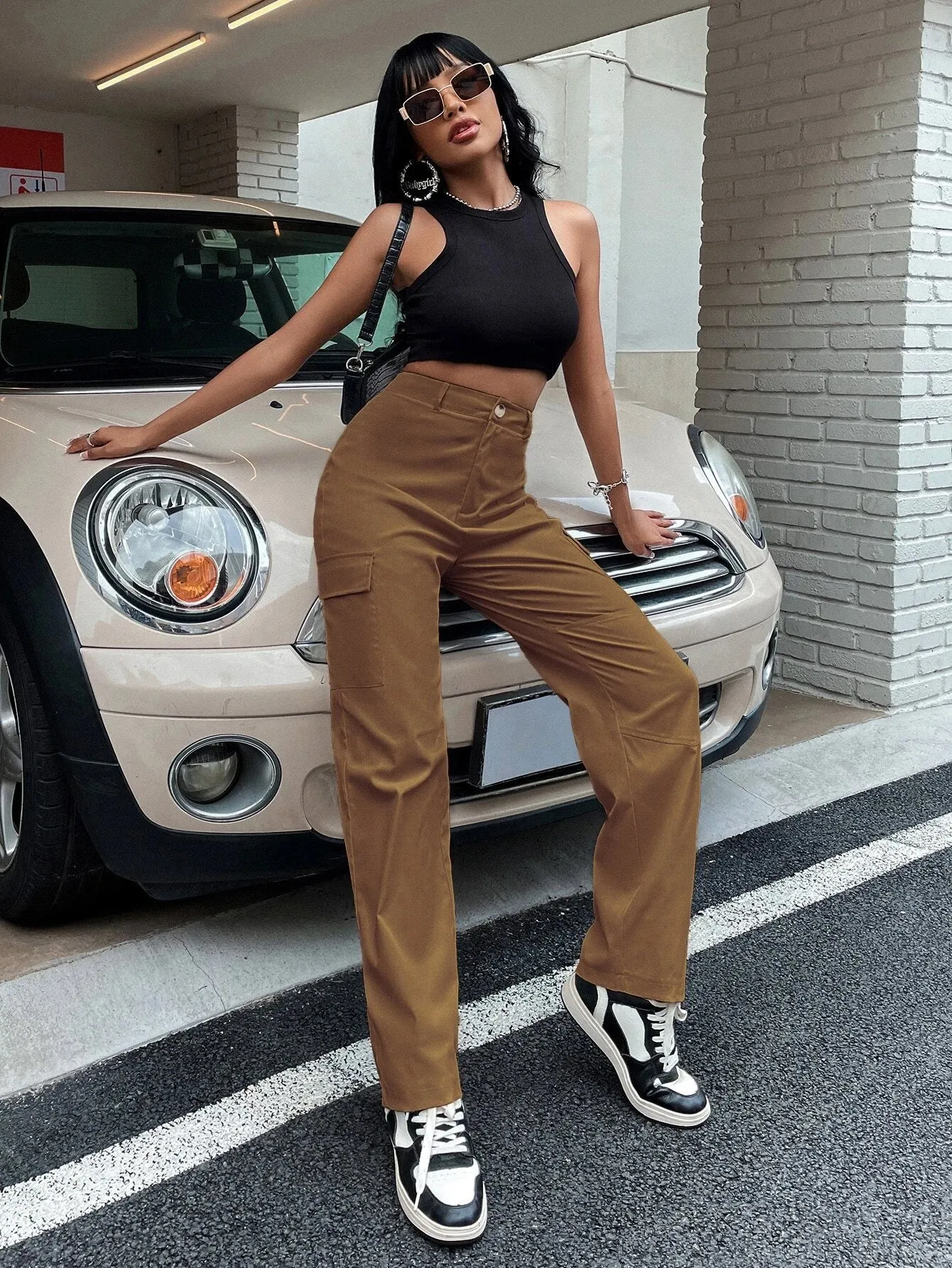 High Waist Zipper Flap Pocket Cargo Pant