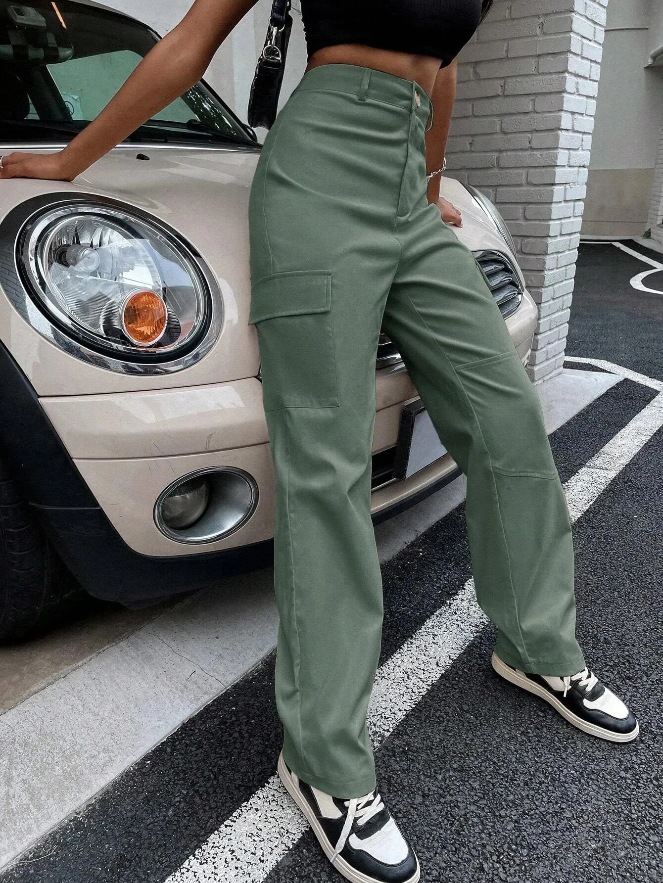 High Waist Zipper Flap Pocket Cargo Pant