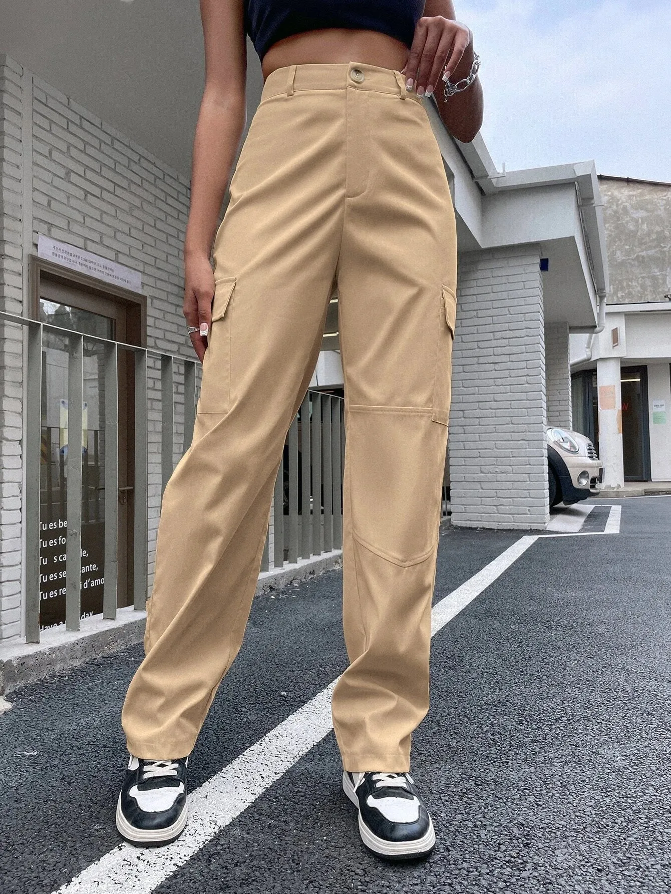 High Waist Zipper Flap Pocket Cargo Pant