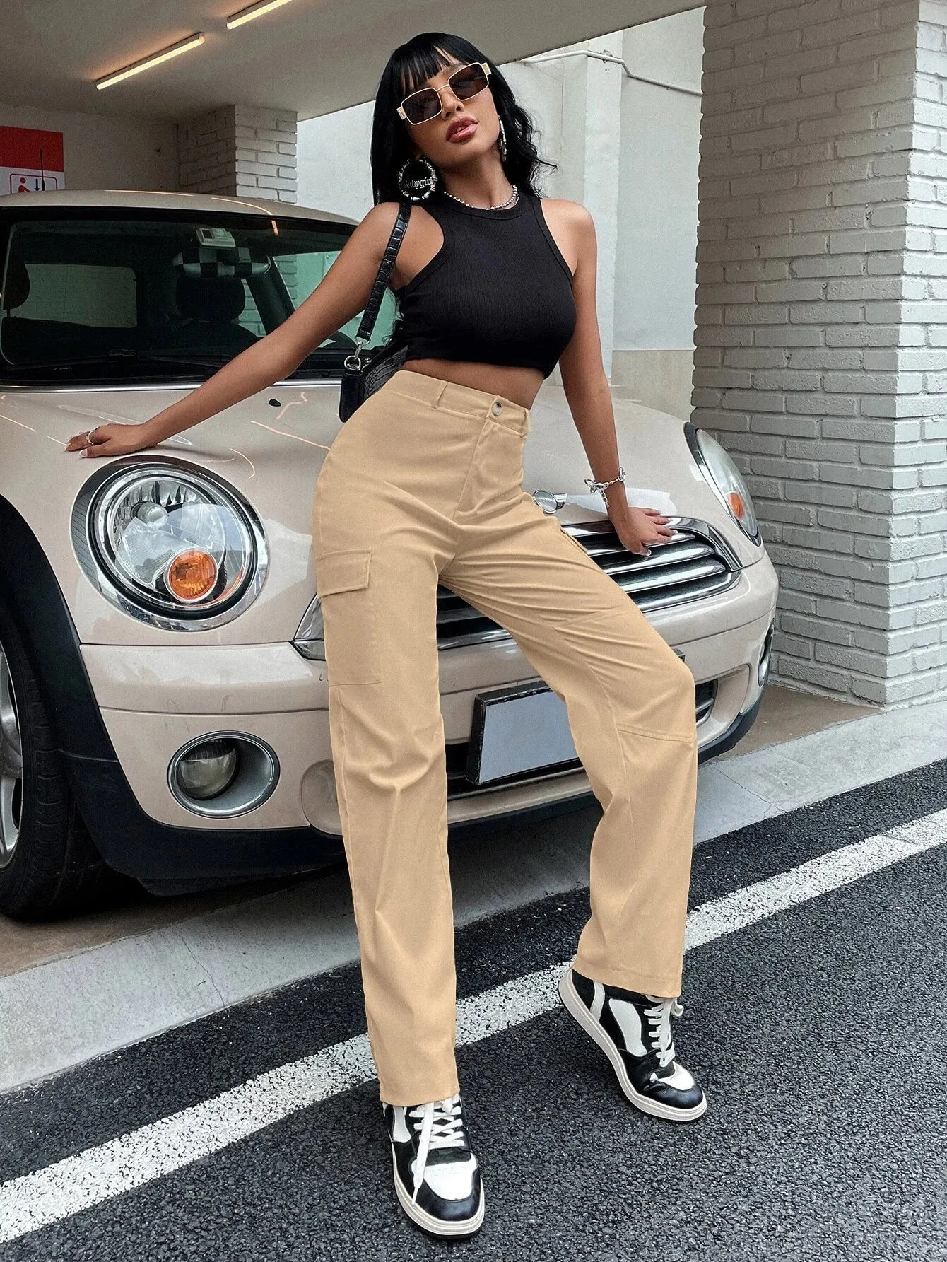High Waist Zipper Flap Pocket Cargo Pant