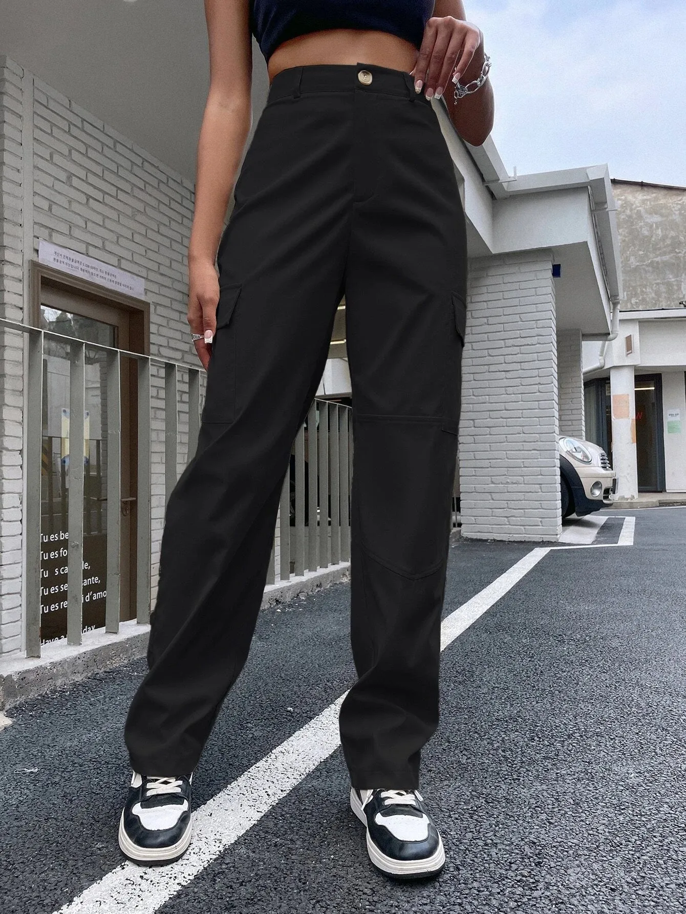 High Waist Zipper Flap Pocket Cargo Pant