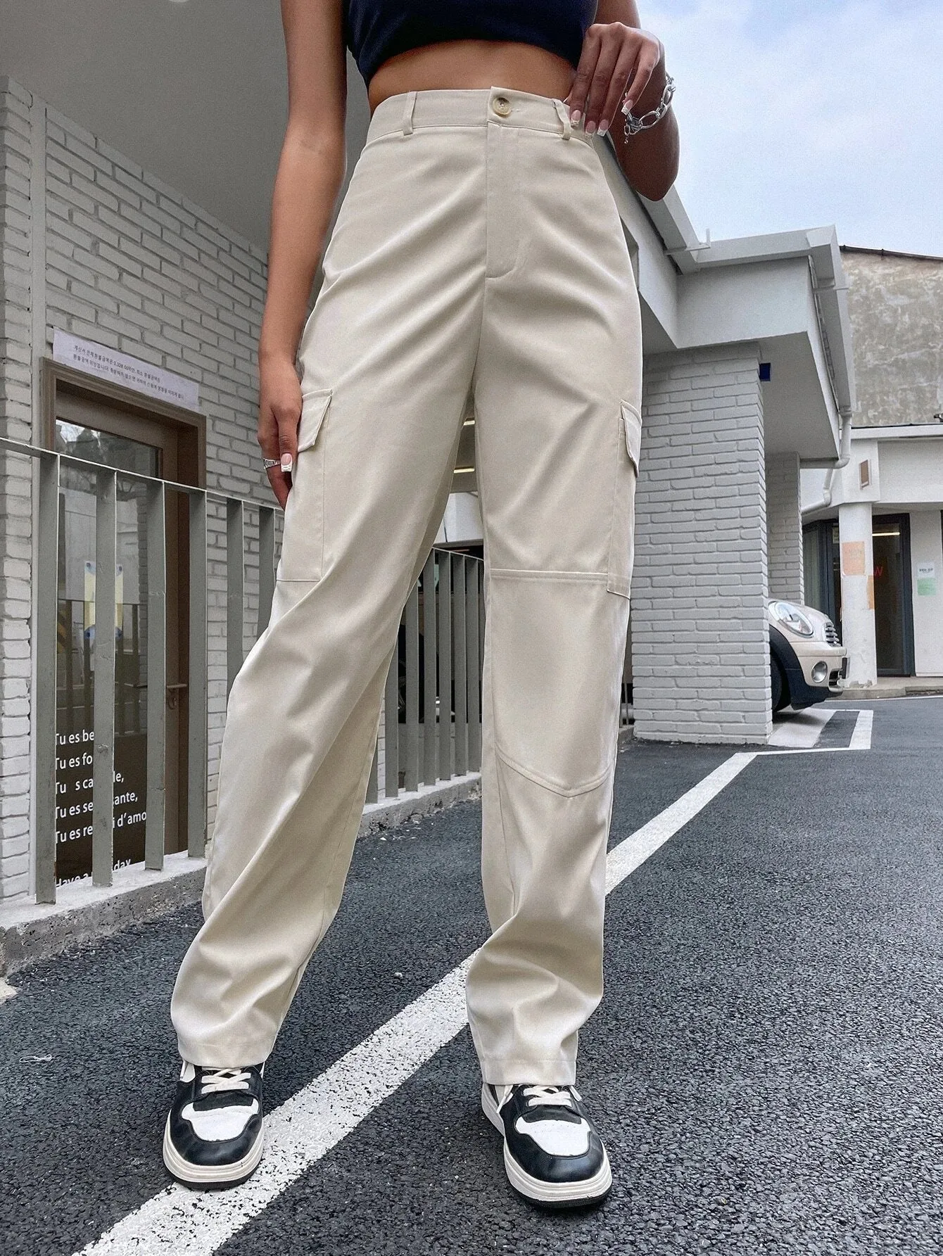 High Waist Zipper Flap Pocket Cargo Pant