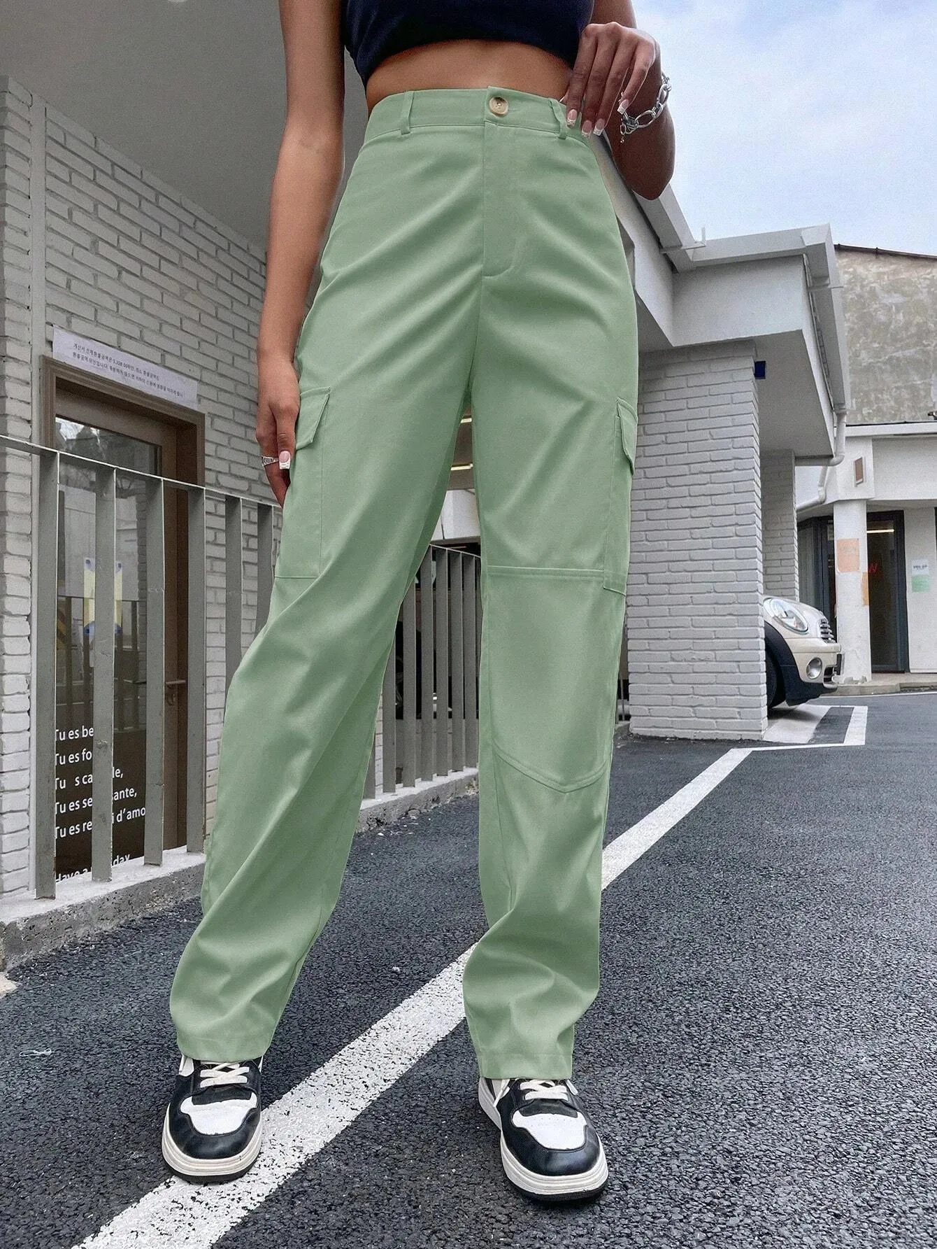 High Waist Zipper Flap Pocket Cargo Pant