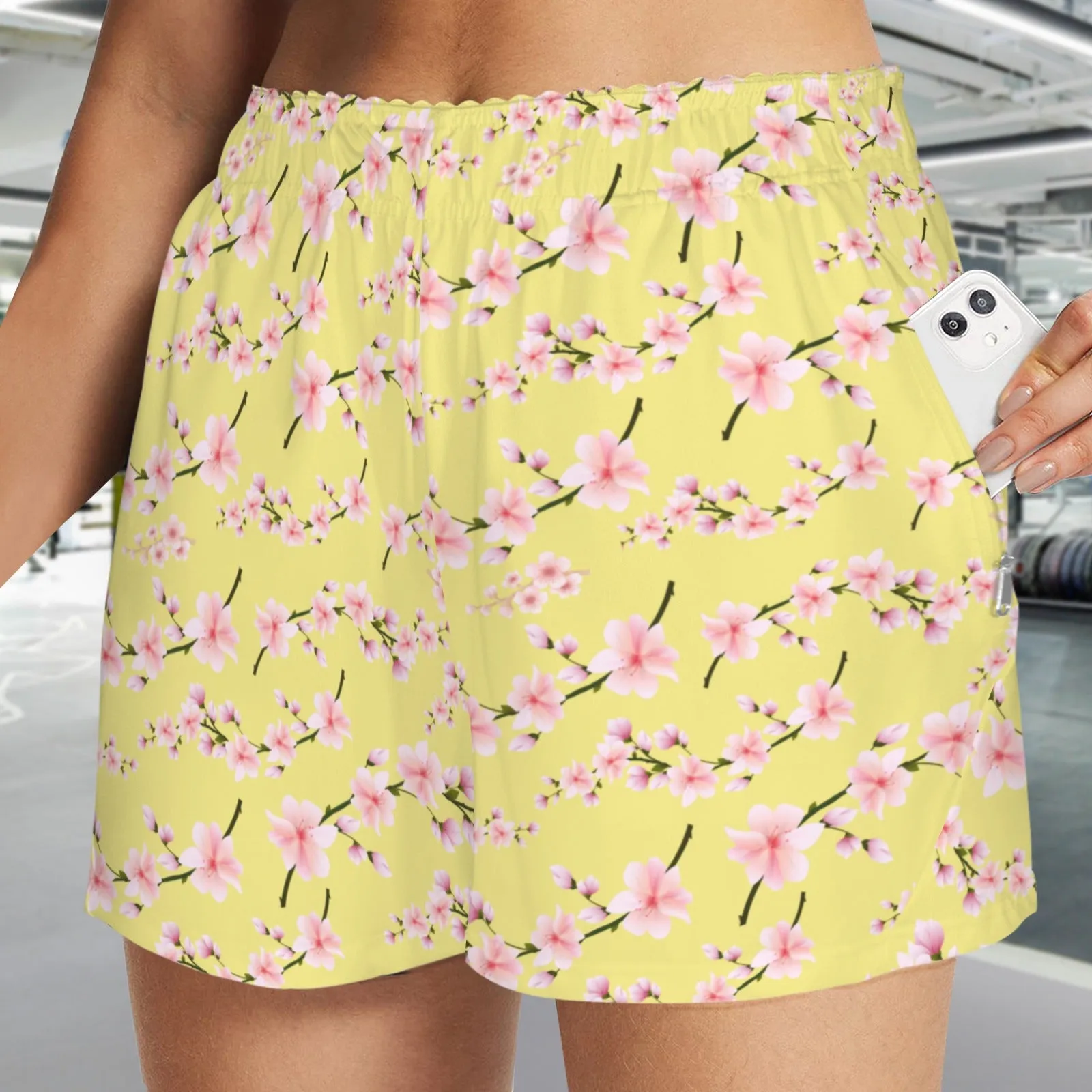 Japanese Pink Flowers Lemon Zip Pocket Shorts up to 5 XL (FWS)