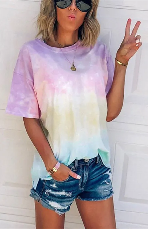 Layla Women's Tie Dye Gradient Print Loose Tee Shirt For Women