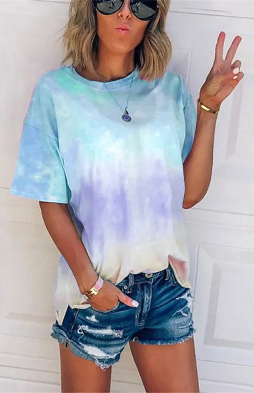 Layla Women's Tie Dye Gradient Print Loose Tee Shirt For Women