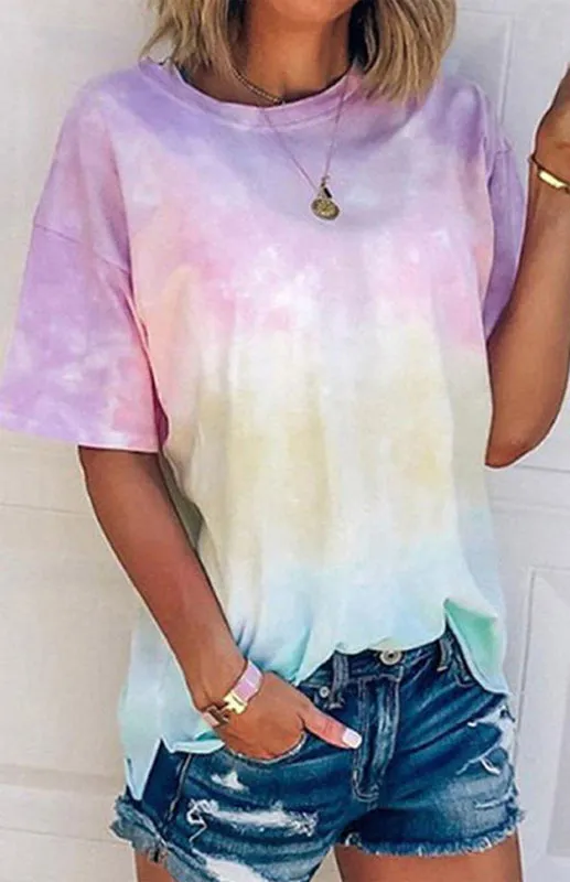 Layla Women's Tie Dye Gradient Print Loose Tee Shirt For Women