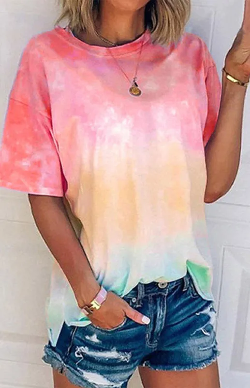 Layla Women's Tie Dye Gradient Print Loose Tee Shirt For Women