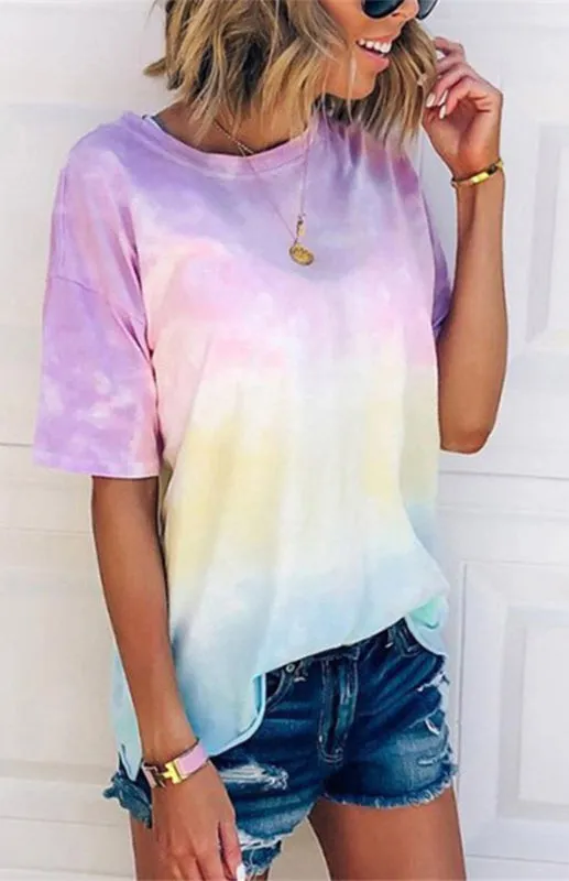 Layla Women's Tie Dye Gradient Print Loose Tee Shirt For Women