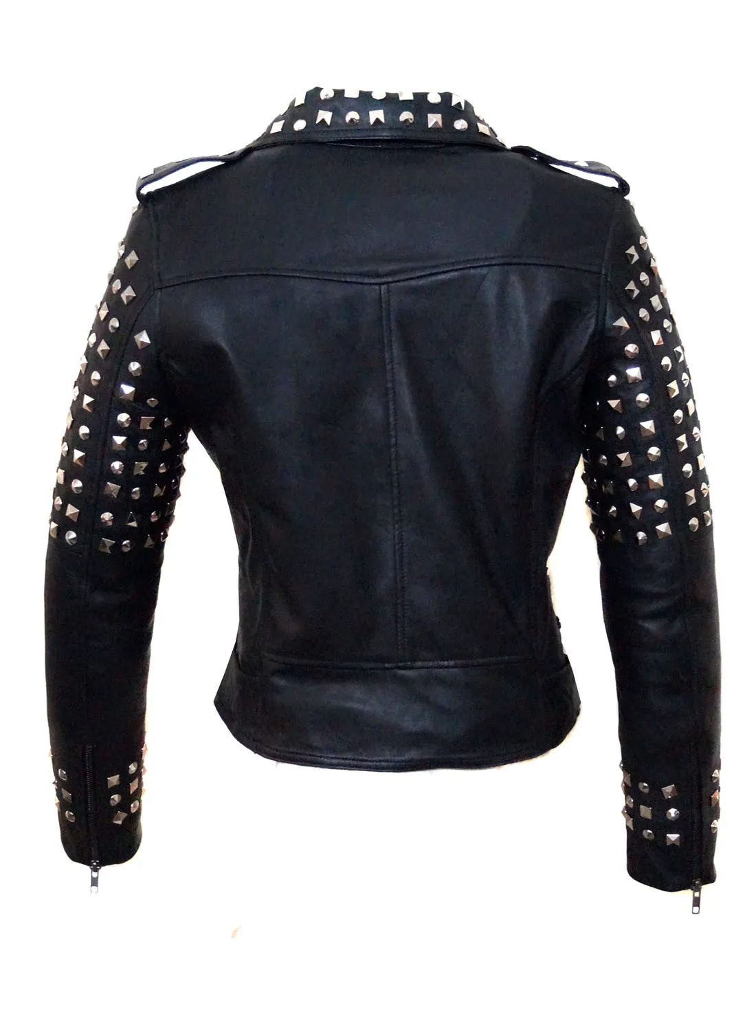 Leather Multi Studded Motorcycle Biker Woman Jacket with Buckle Belt