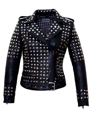 Leather Multi Studded Motorcycle Biker Woman Jacket with Buckle Belt