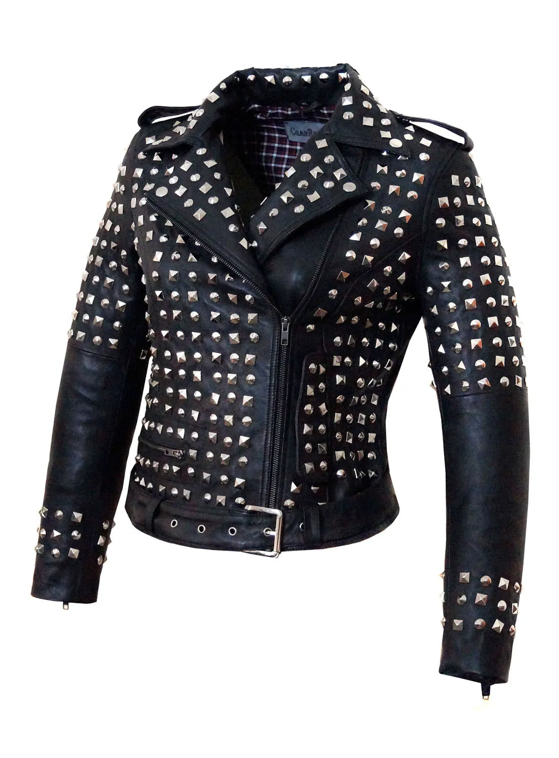 Leather Multi Studded Motorcycle Biker Woman Jacket with Buckle Belt