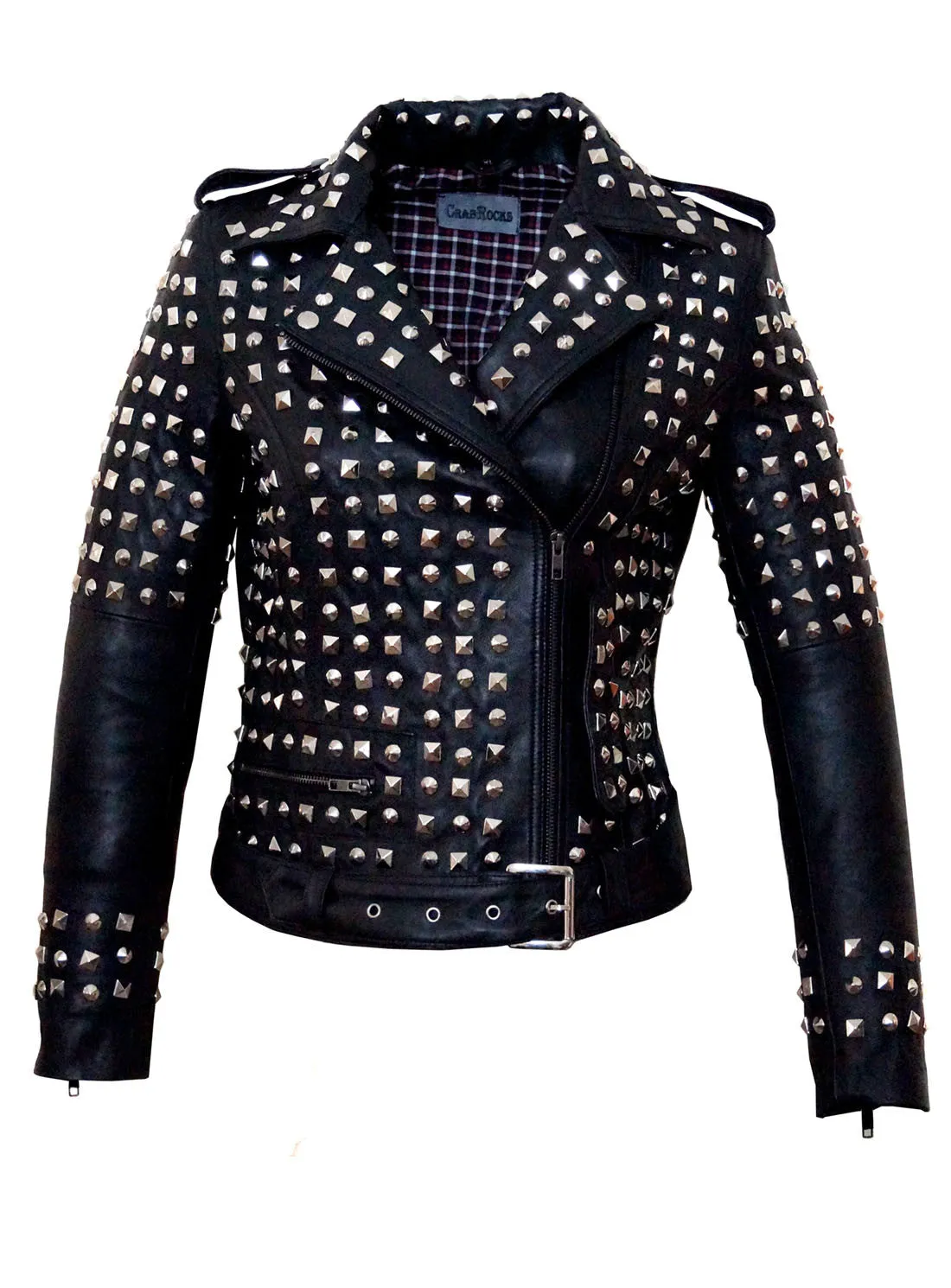Leather Multi Studded Motorcycle Biker Woman Jacket with Buckle Belt