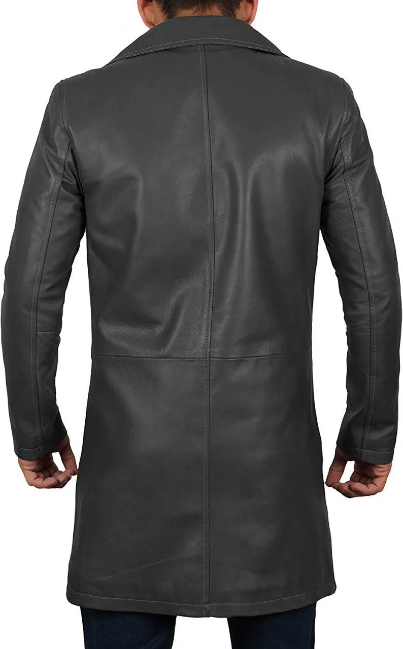 Mens 3  4 Length Black Wide Collar Leather Coat