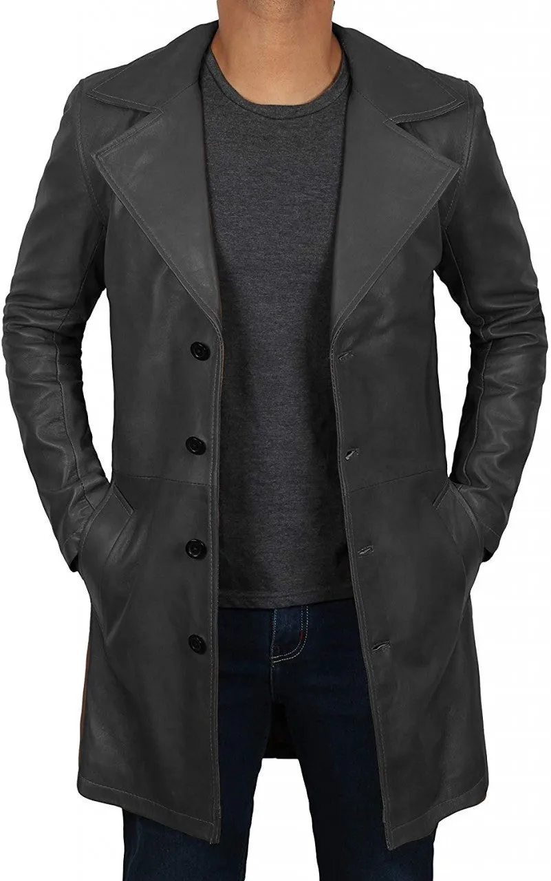 Mens 3  4 Length Black Wide Collar Leather Coat