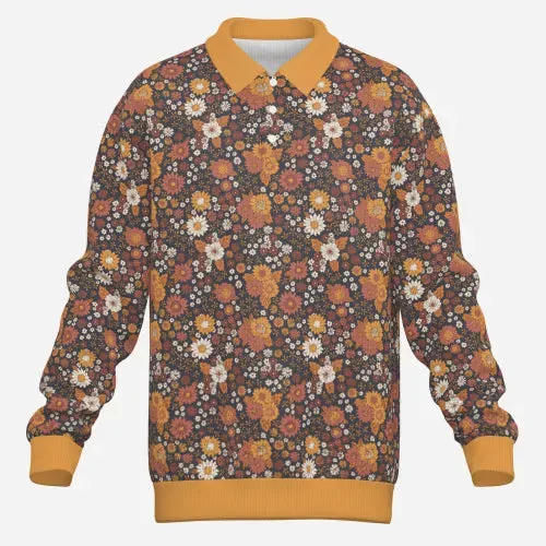 Men's 70s Floral Knit Polo | Vintage Mustard Yellow Polo Shirt | Retro Hippie Style Knitwear